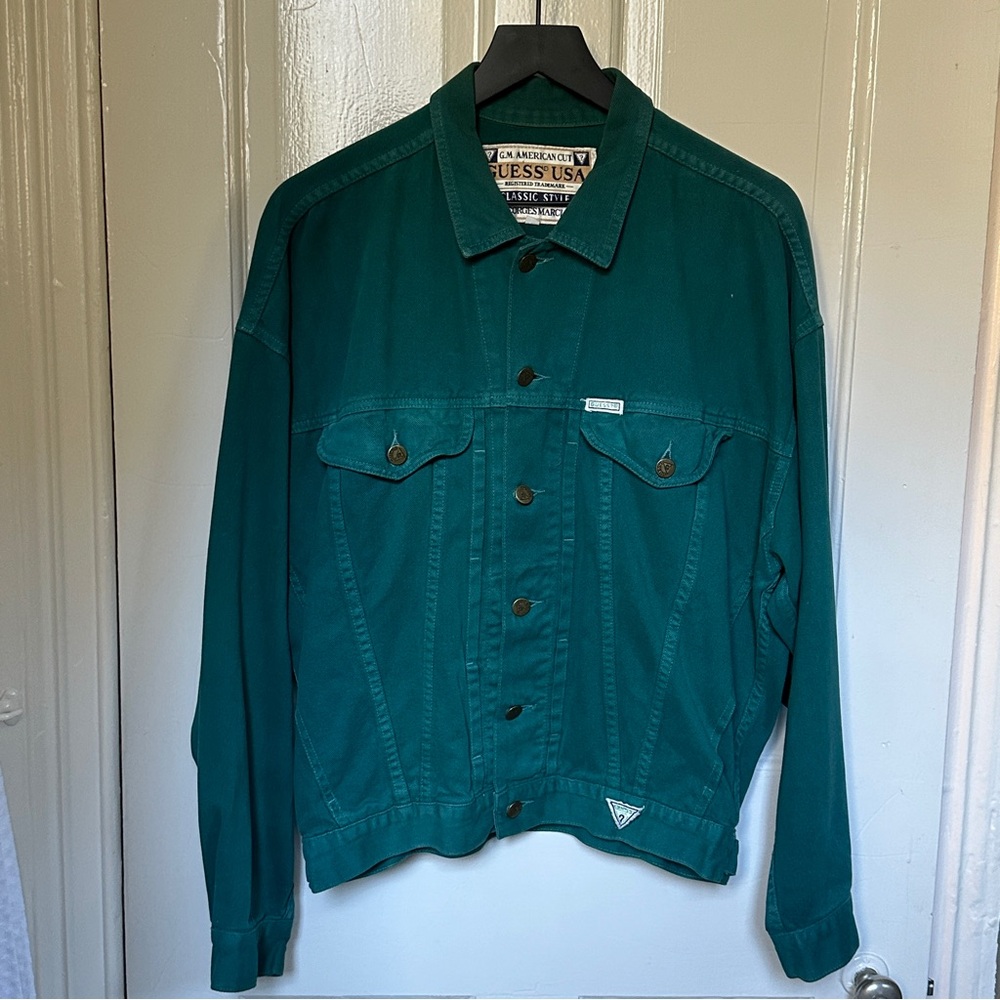 90S GUESS LIGHT FOREST GREEN DENIM JACKET - LARGE